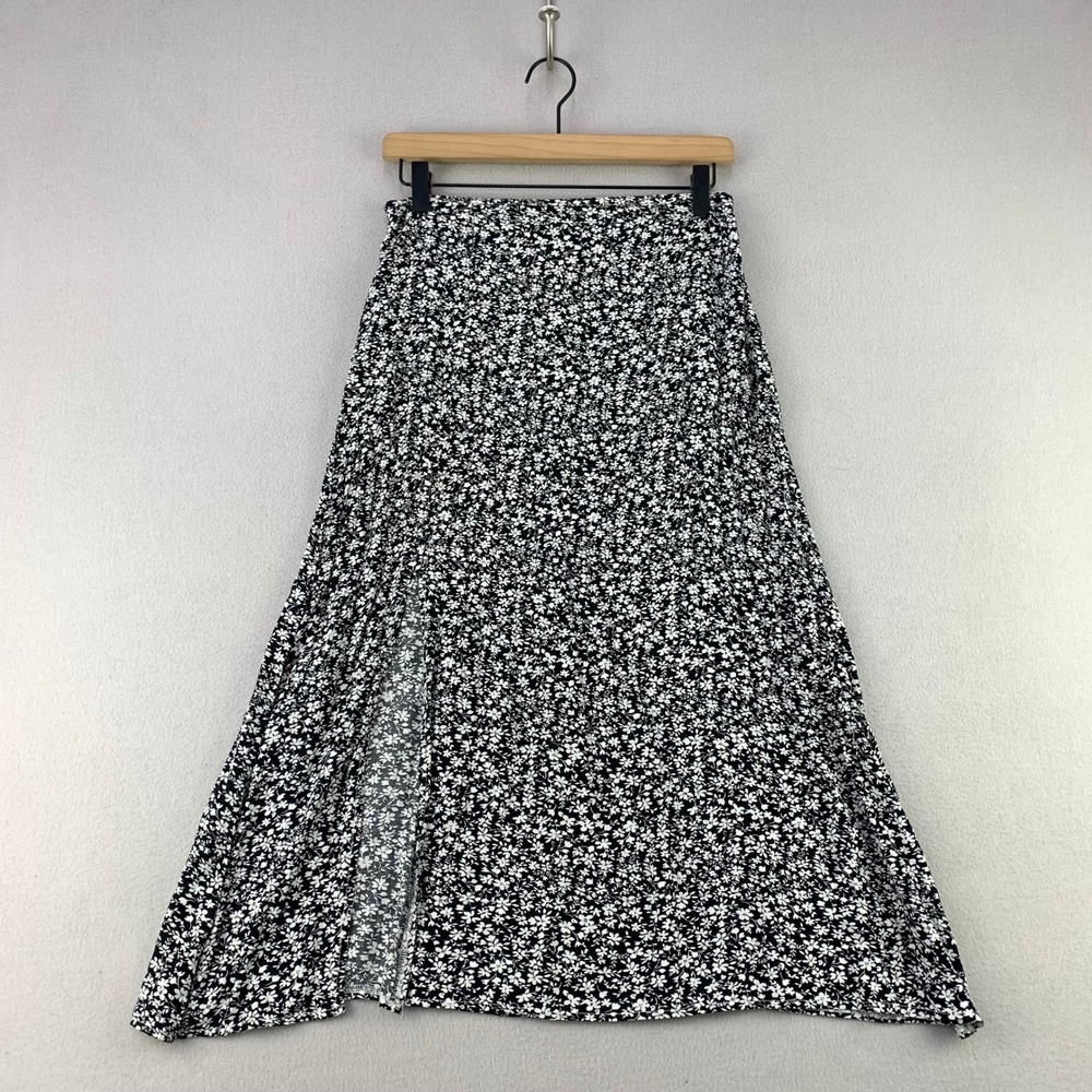 SHEIN Floral Midi Skirt Women 6 Black White Casual A-Line Side Slit Zip Up